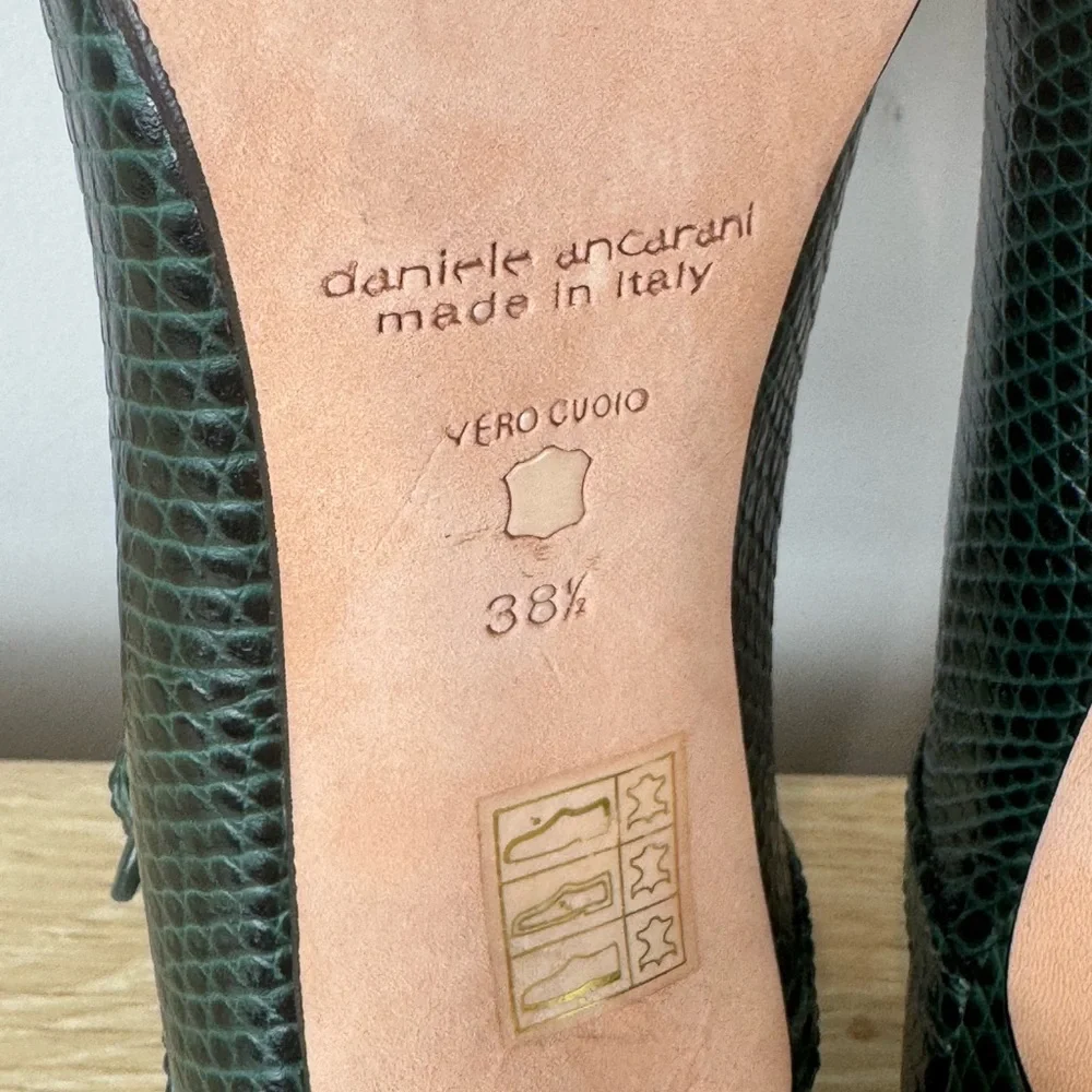 Vintage Daniele Ancarani Green Snake Embossed Heels Strap Buckle 38.5 Women's 8 - Picture 12 of 13